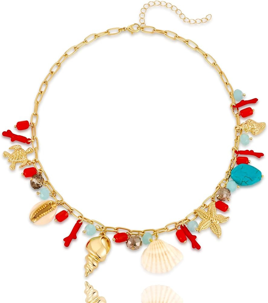 CLASSYZINT Gold Seashell Charms Necklace Simulated Pearl Cherry Ocean Charms Adjustable Necklace ... | Amazon (US)