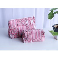 Patchwork Set Of 2 Makeup Pouches - Block Print Cosmetic Bags- Pink | Etsy (US)