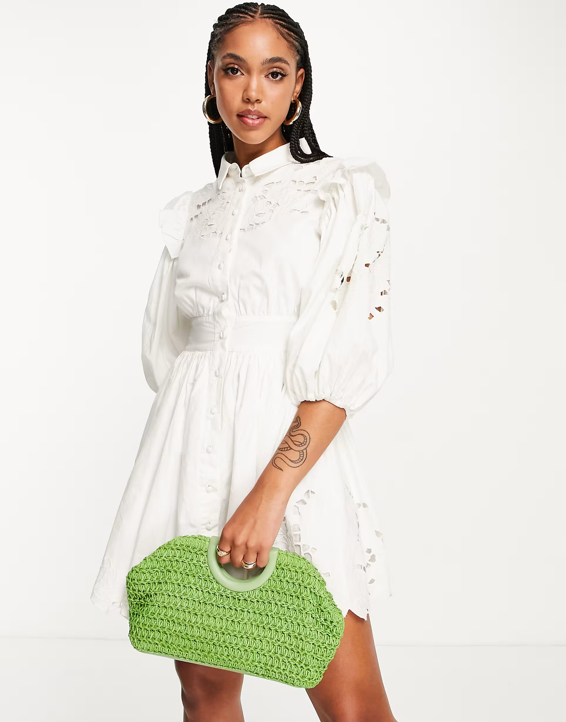 ASOS EDITION cutwork embroidered puff sleeve mini dress in white | ASOS (Global)