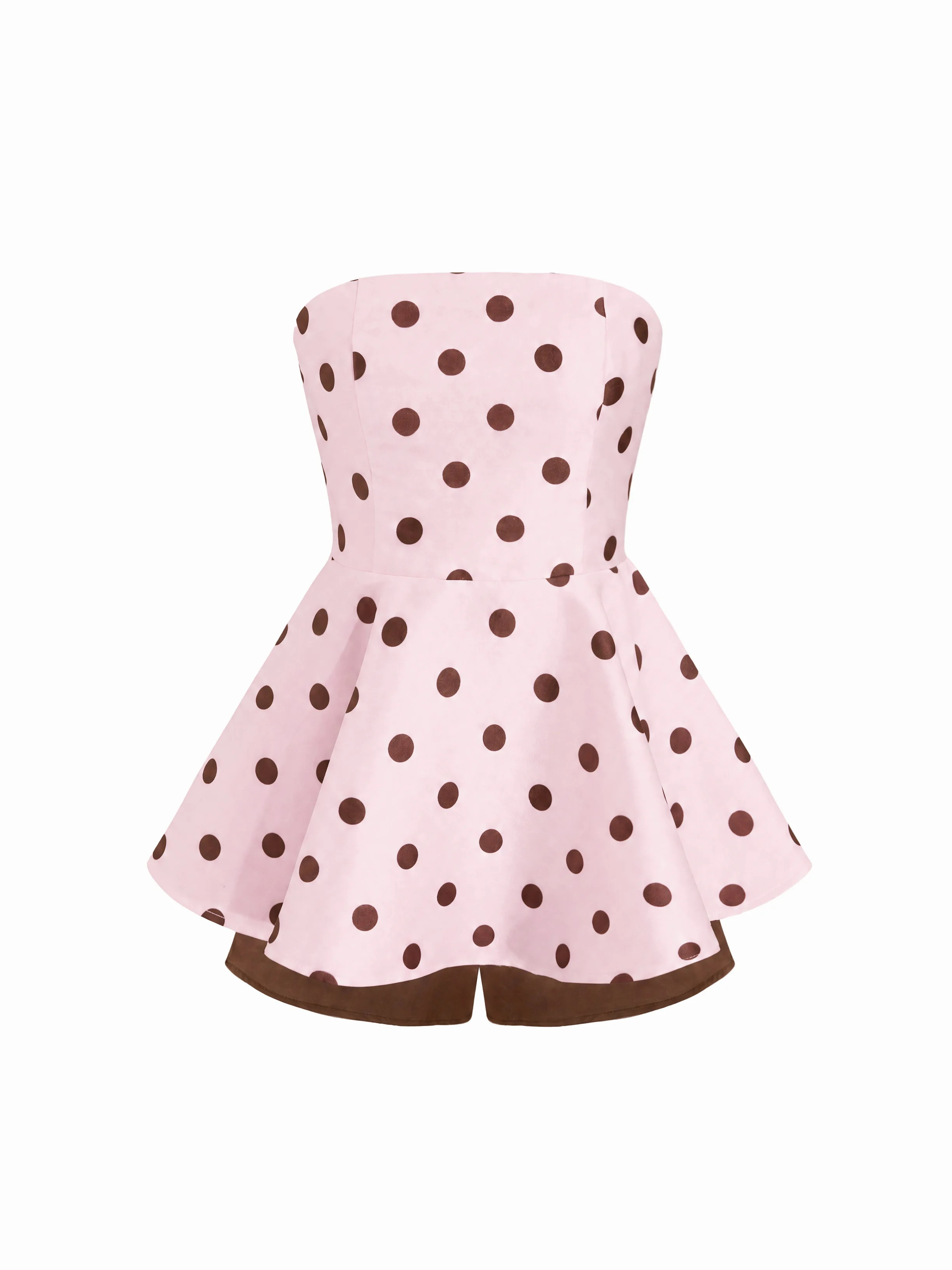 Polka Dot Strapless High Rise Colorblock Peplum Hem Romper | Cider