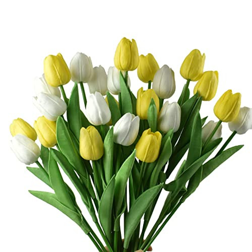 WISTART 24pcs Artificial Tulips Flowers Fake Faux PU Tulip Bouquet Real Touch Flower Arrangement for Home Decoration Excellent Gift Idea for Mothers Day (White and Yellow) | Amazon (US)