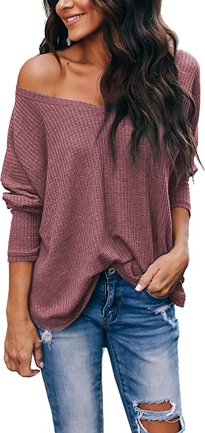 iGENJUN Women's Casual V-Neck Off-Shoulder Batwing Sleeve Pullover Knit Shirts Sweater Tops | Amazon (US)