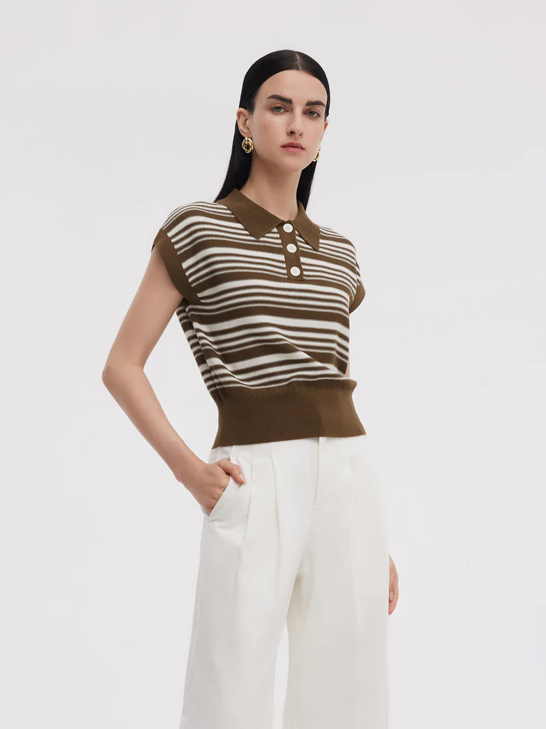 Tencel Blend Polo Collar Stripe Women Cap Sleeve Knit Tank Top | GOELIA