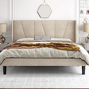 HOOMIC King Size Platform Bed Frame with Geometric Wingback Headboard, Wooden Slats Support, No B... | Amazon (US)