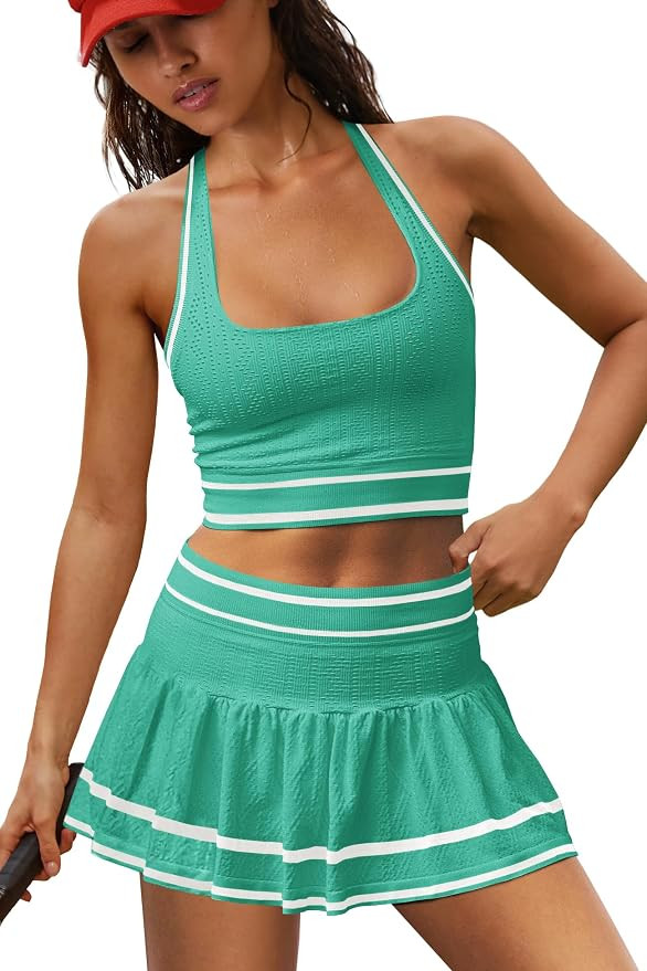 LAMISSCHE Seamless Athletic Skirt Set Square Neck Tank Pleated Skort Set | Contrast Piping, Halte... | Amazon (US)