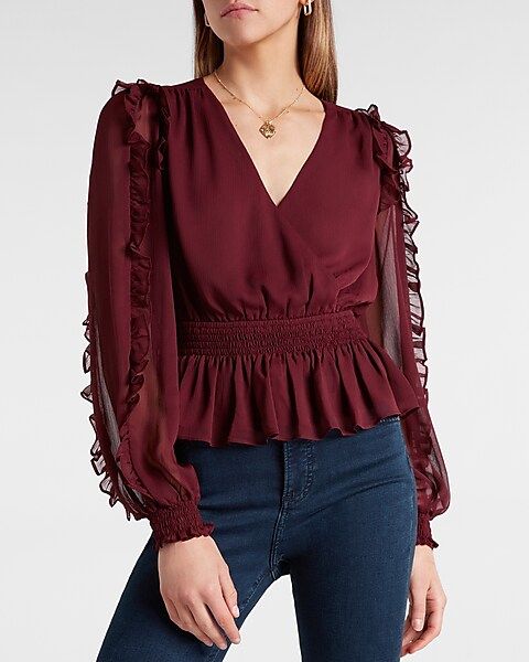 Solid Ruffle Wrap Front Peplum Top | Express