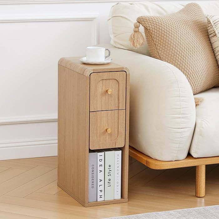 Narrow Nightstand with 2 Drawers, Small Bedside Tables, Mid-Century Modern Slim Night Stand with ... | Amazon (US)