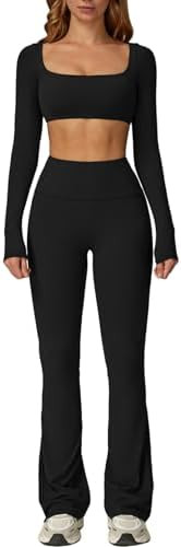 ABOCIW Workout Sets for Women 2 Piece Square Neck Long Sleeve Crop Tops High Waist Flared Legging... | Amazon (US)