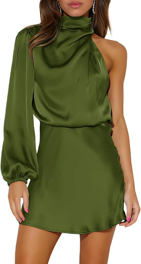 Ferlema Women's Satin Cocktail Dresses Mock Neck One Shoulder Long Sleeve High Waist Wedding Gues... | Amazon (US)