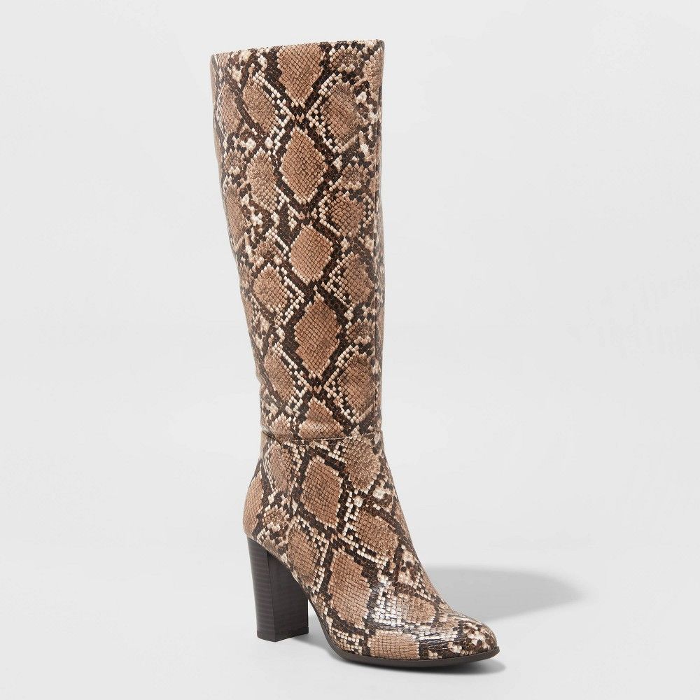 Women's Brandee Snake Print Knee High Heeled Fashion Boots - A New Day Taupe 10, Brown | Target