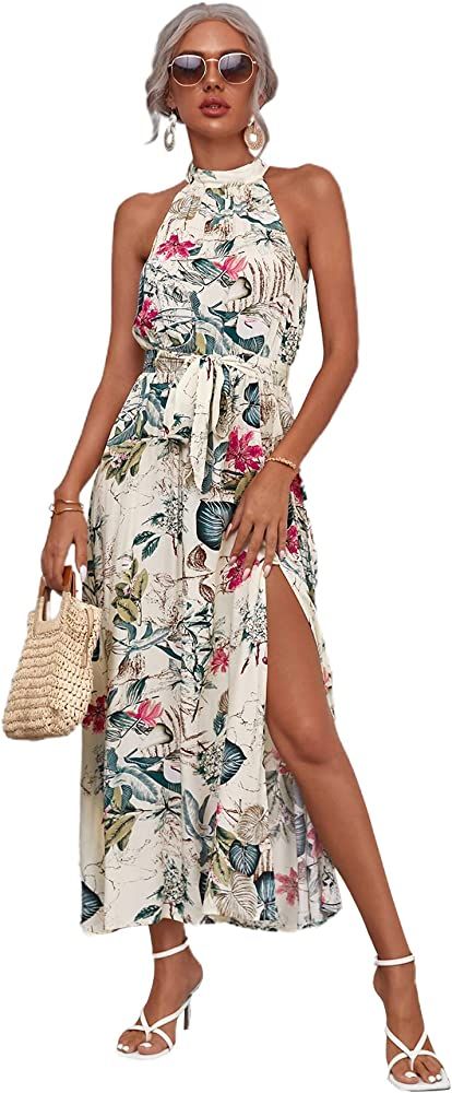 Floerns Women's Sleeveless Halter Neck Vintage Floral Print Maxi Dress | Amazon (US)