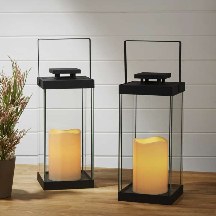 Wythe Black Glass Lantern with Flameless Candle, Set of 2 | Lights.com