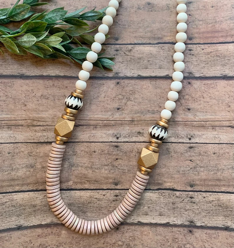 Taupe Tan Neutral Necklace. Wood Bone Bead. Chunky Bead - Etsy | Etsy (US)