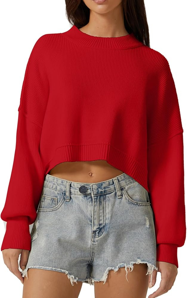 QINSEN Women's Mock Neck Cropped Sweater Long Sleeve Drop Shouler Oversized Knit Pullover Tops | Amazon (US)