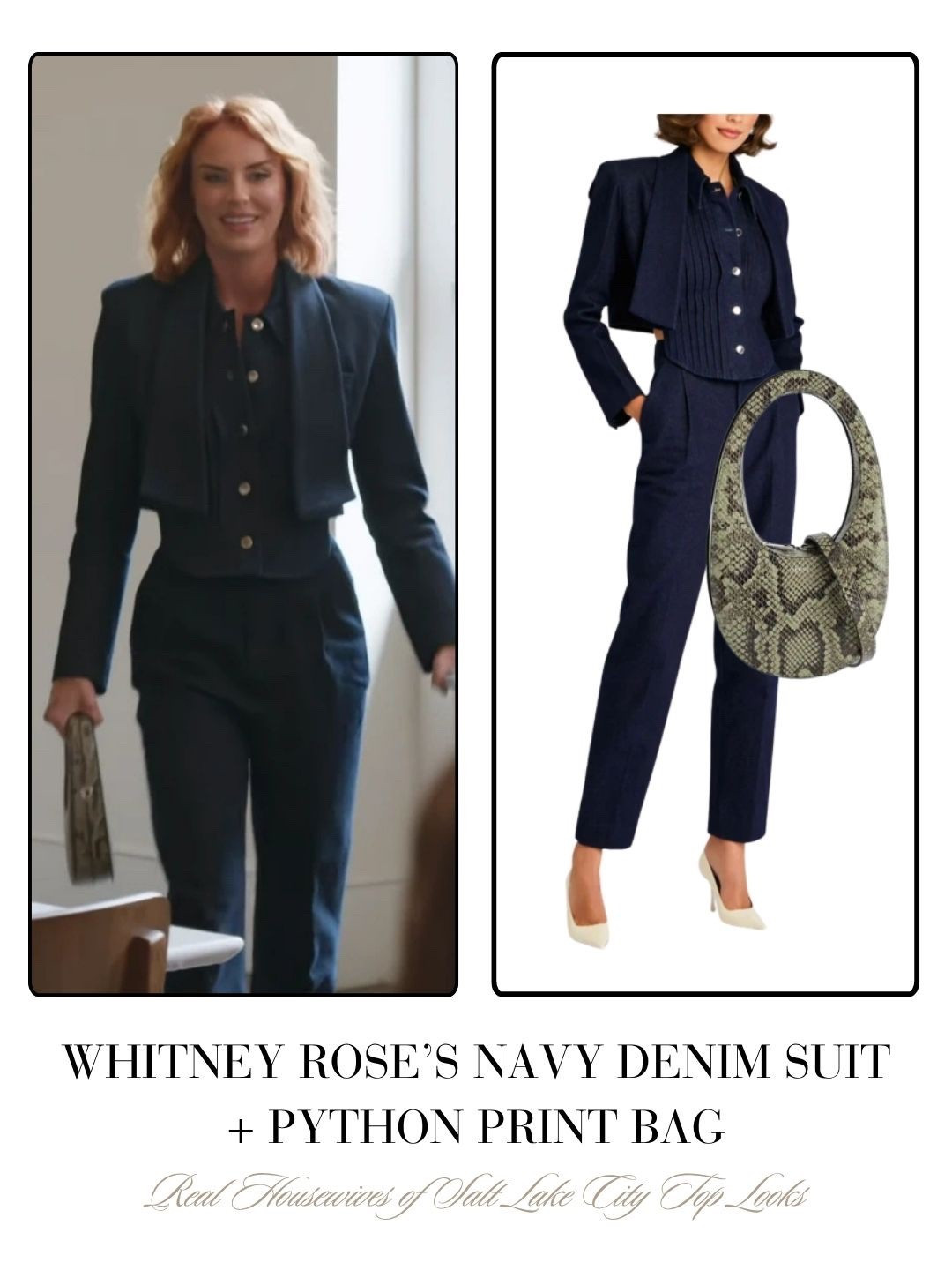 Whitney Rose’s Navy Denim Suit and Python Print Bag. Bag sold out by Coperni 