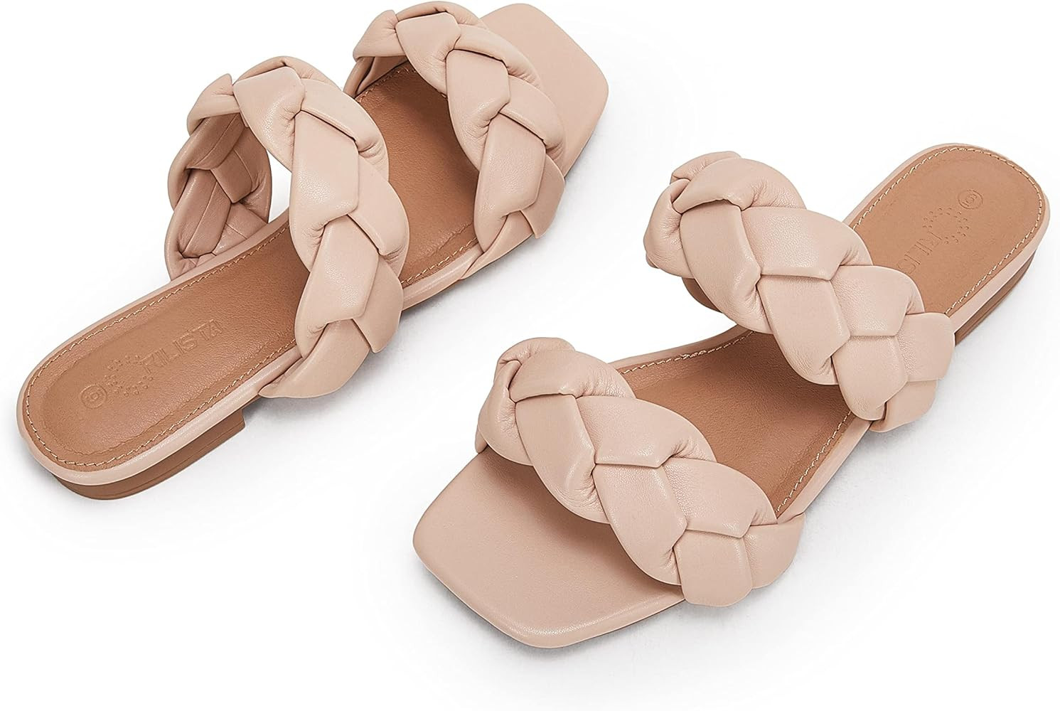 Womens Square Open Toe Braided Sandals Slip-On Casual Summer Comfortable Sandals with Low Heel Strap | Amazon (US)