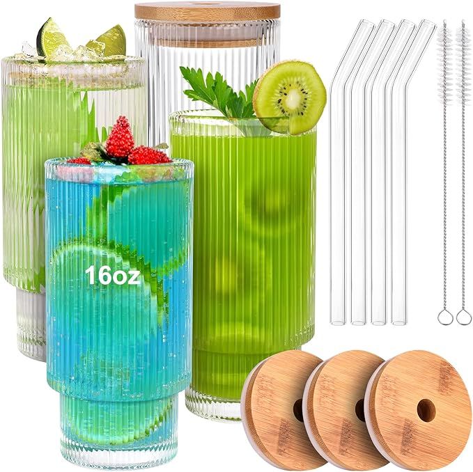 16OZ Ribbed Glass Cups with Lids and Straws, Ribbed Glassware Set of 4, Drinking Glasses with Bam... | Amazon (US)
