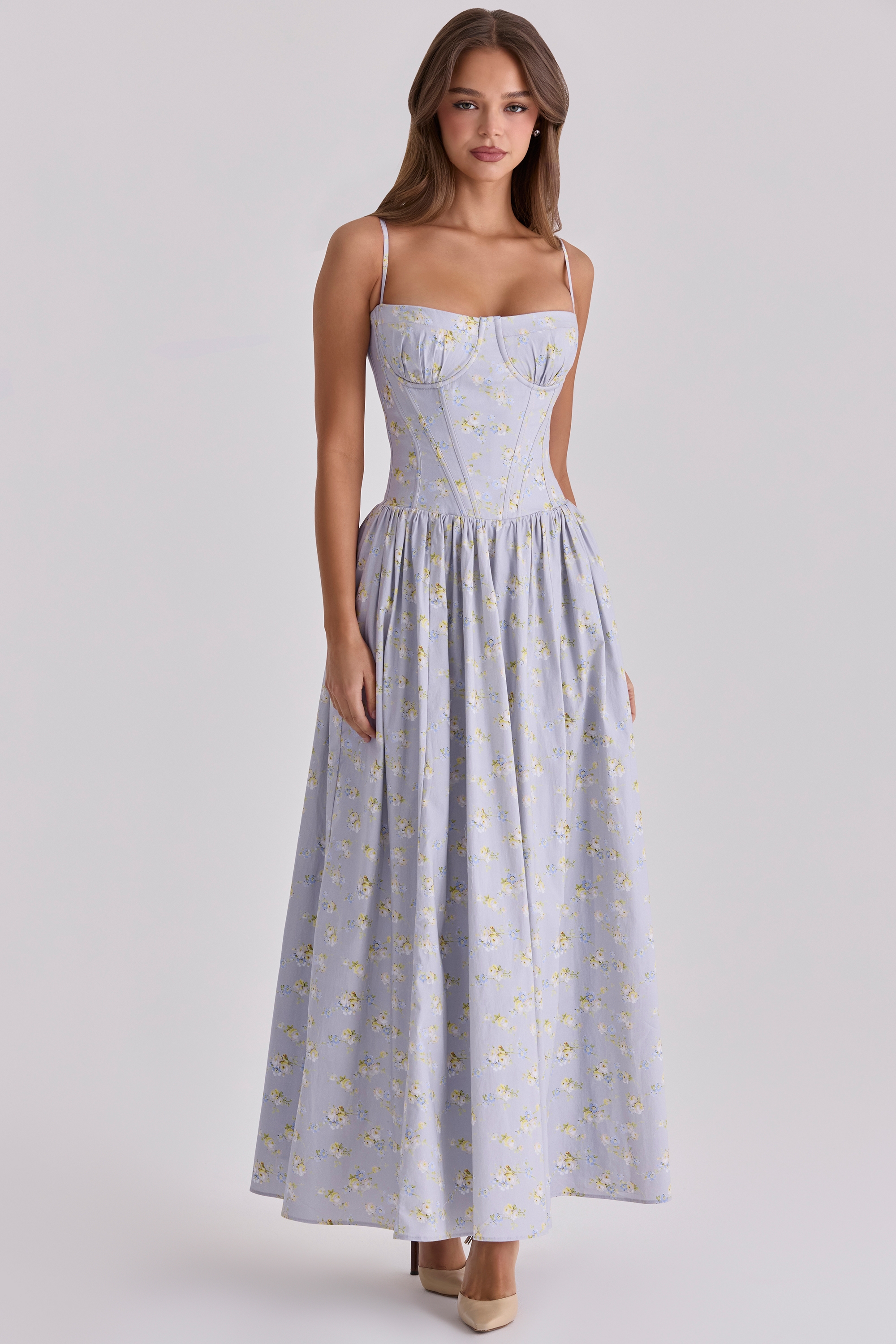 blue wildflower print cotton lace up maxi dress | House of CB