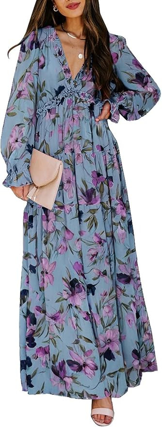 BLENCOT Womens Casual Boho Floral Printed V Neck Long Sleeve Long Maxi Dress Spring Summer Dresse... | Amazon (US)