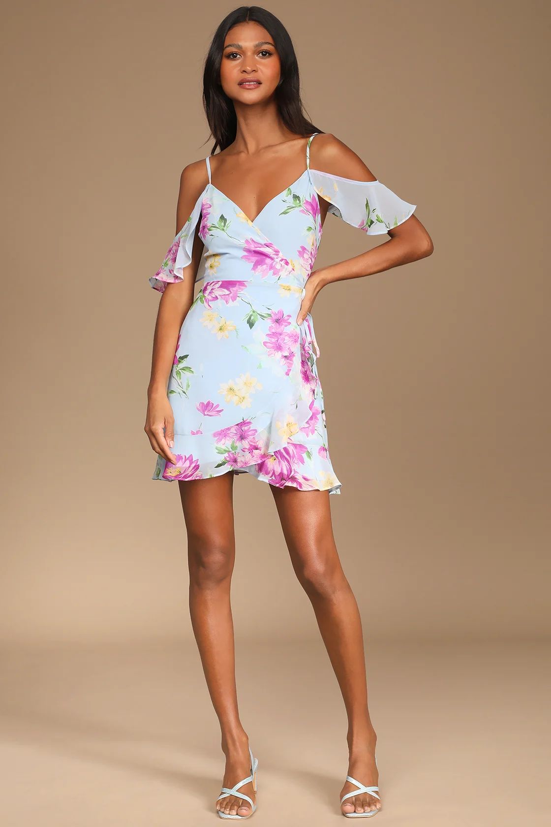 Blooming Blue Floral Print Ruffled Off-the-Shoulder Wrap Dress | Lulus (US)