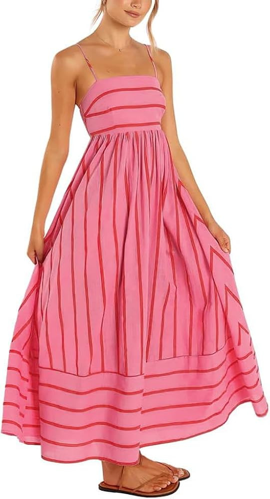 utcoco Womens Summer Striped Back Smocked Maxi Sundresses Spaghetti Strap Cut Out Flowy Swing A L... | Amazon (US)