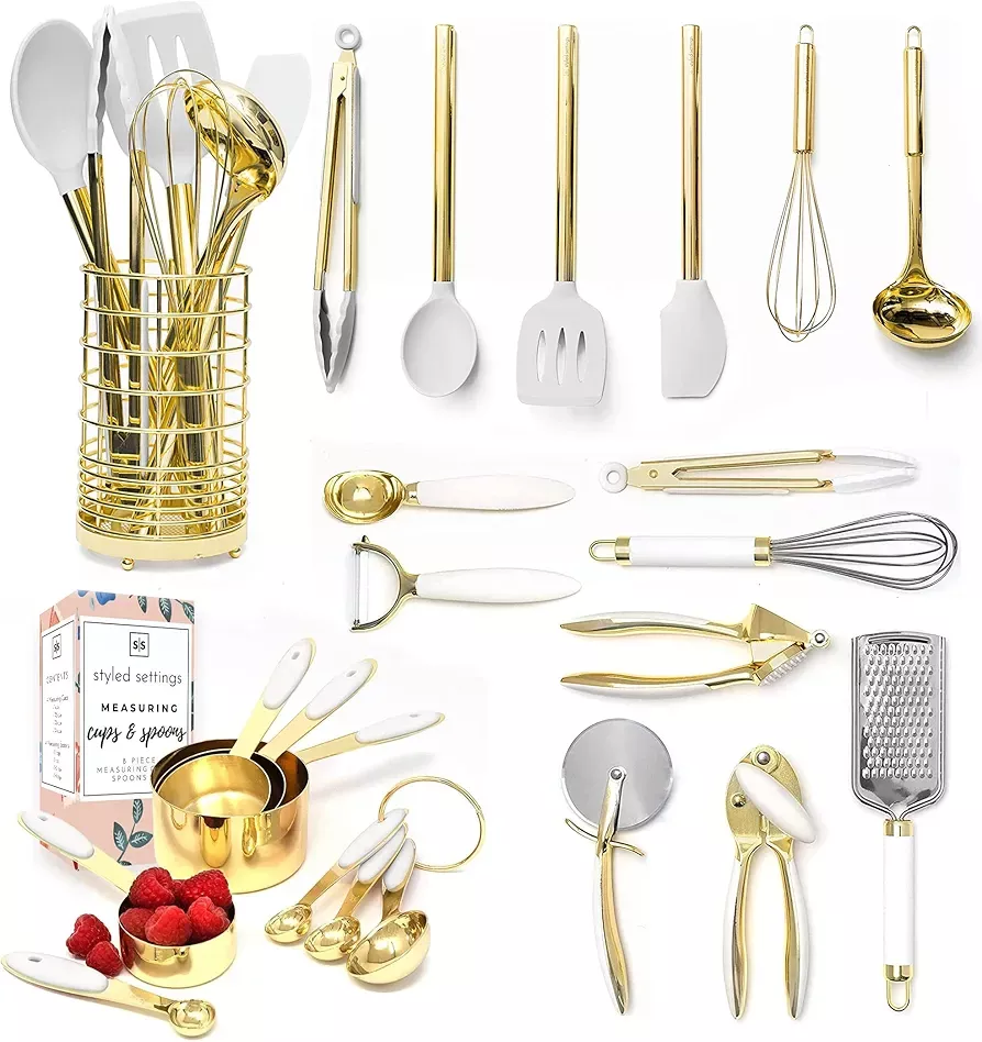STYLED SETTINGS White Silicone and Gold Kitchen Utensils Set for Modern  Cooking and Serving, Stainless Steel Gold Cooking Utensils and Gold Serving