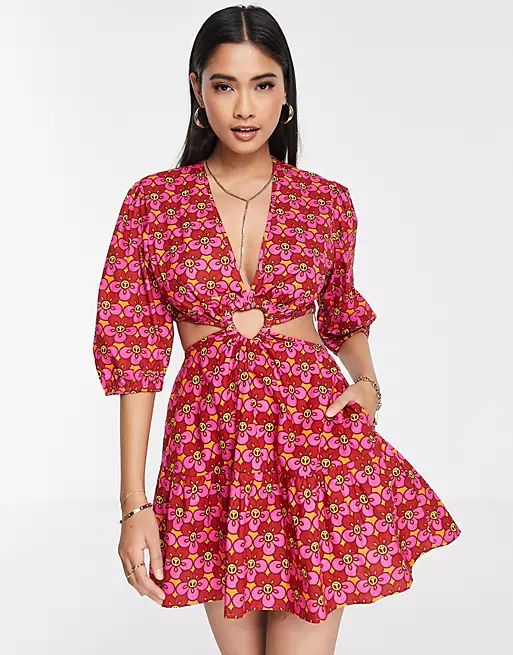 Never Fully Dressed heart cut out mini dress in red peace flower print | ASOS (Global)