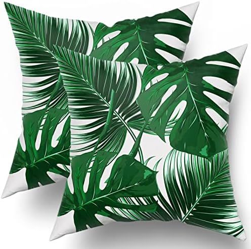 Tropical Leaves Pillow Covers 18x18 Set of 2 Monstera Palm Leaf Plant Print Green Colored Outdoor Th | Amazon (US)