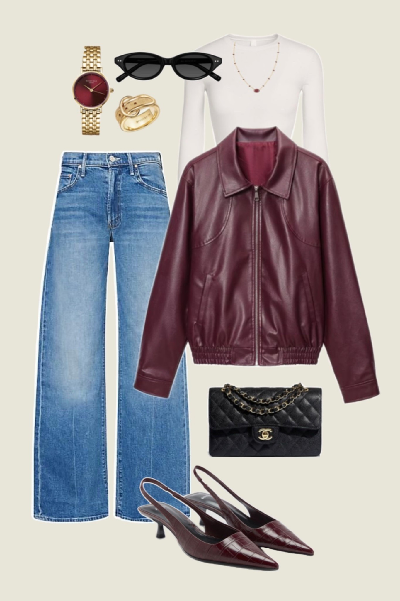 Burgundy leather jacket outfit 🤍 

Burgundy outfit, kitten heels and jeans, casual chic style 