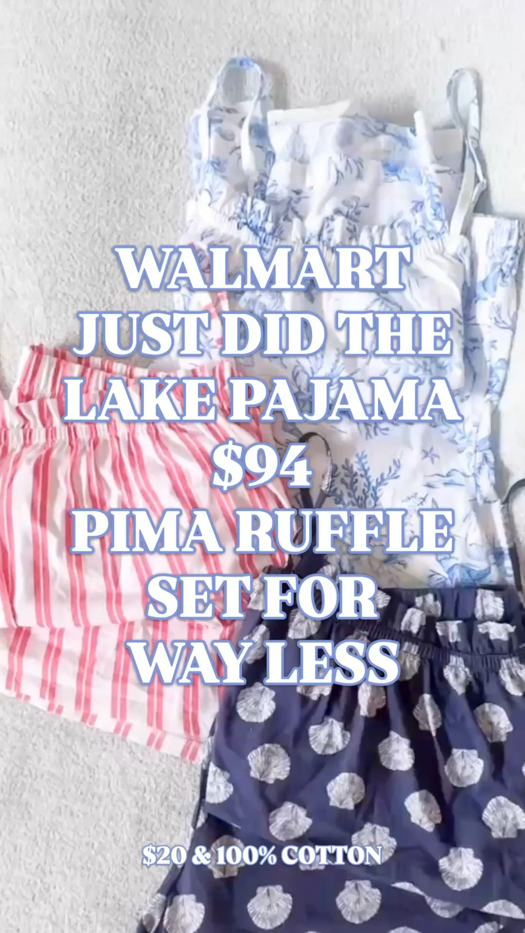 Lake Pajamas dupe, Lake Pajamas Pima set look for less, Walmart Lake Pajamas, Joyspun 100% cotton pajama set women, cotton pajama shorts set women, summer cotton sleepwear, coastal pajamas women

If you’ve been eyeing the $94 Lake Pajamas Pima ruffle set but can’t justify the price, this is the under-$20 version that makes sense.

Joyspun 100% cotton ruffle tank and shorts pajama sets at Walmart in the prettiest coastal-coded prints.

Blue stripe.
Blue floral toile.
Classic red stripe.
Navy shell print.

Straight neckline with subtle ruffle trim. Adjustable straps. Relaxed pajama shorts with elastic waistband and side pockets.

The same polished, feminine silhouette that made the Lake Pima ruffle set so popular.

And yes — these are truly 100% cotton.

That soft, breathable, broken-in tee cotton that gets better every wash.

Light enough for summer nights.
Put-together enough for slow lake house mornings.
Pretty enough for girls trips, bridal getting-ready moments, and coastal vacations.

If you’ve recently searched:
Lake Pajamas Pima set
Lake Pajamas ruffle tank
Lake Pajamas dupe
cotton pajama shorts set women
lake house pajamas women
coastal grandma sleepwear
summer pajama set women
girls trip matching pajamas
bridal shower pajamas

This is the one.

Why these stand out:

• 100% cotton fabric that softens over time
• Feminine ruffle trim detail
• Relaxed but flattering pajama shorts
• Side pockets
• Walmart price point

Lake Pajamas energy.
Breathable cotton comfort.
Under $20

#LTKFindsUnder50 #LTKFindsUnder100 #WalmartFinds #LakePajamas #LookForLess #CoastalStyle #PajamaSet #CottonPajamas #SummerPajamas 

Lake Pajamas dupe, Lake Pajamas Pima set look for less, Walmart Lake Pajamas, Joyspun cotton pajamas, 100% cotton sleepwear women, ruffle pajama set women, pajama shorts set women, coastal pajamas women, lake house pajamas women, summer sleepwear women 2026, affordable designer pajamas, soft cotton loungewear women


#LTKSaleAlert #LTKTravel #LTKSeasonal
