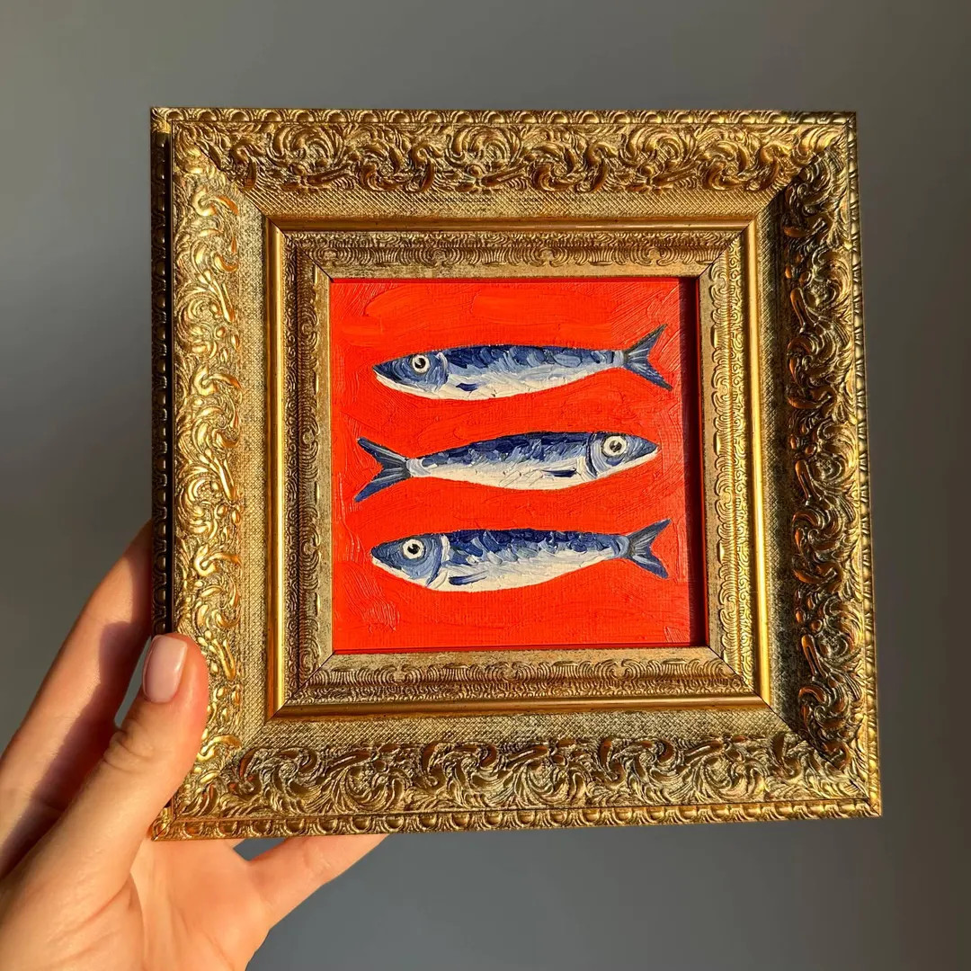 Original Oil Art, Sardines Kitchen Art, Fish Oil Paintings, Country Decor, 4x4 Framed Art, Fine A... | Etsy (US)