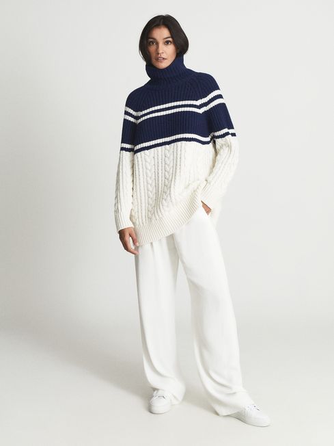 Reiss Navy Scarlett Colourblock Pattern Cable Roll Neck Jumper | Reiss UK