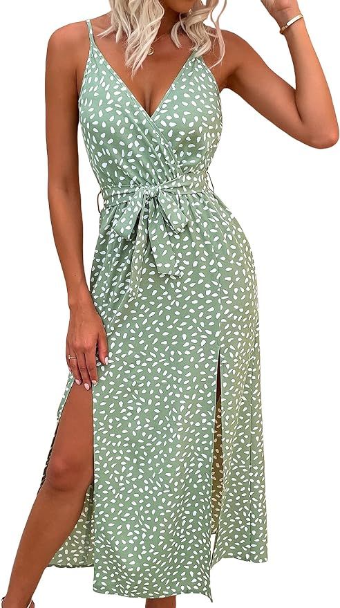 MakeMeChic Women's Floral Spaghetti Strap Deep V Neck High Waist Double Split Summer Cami Dress | Amazon (US)