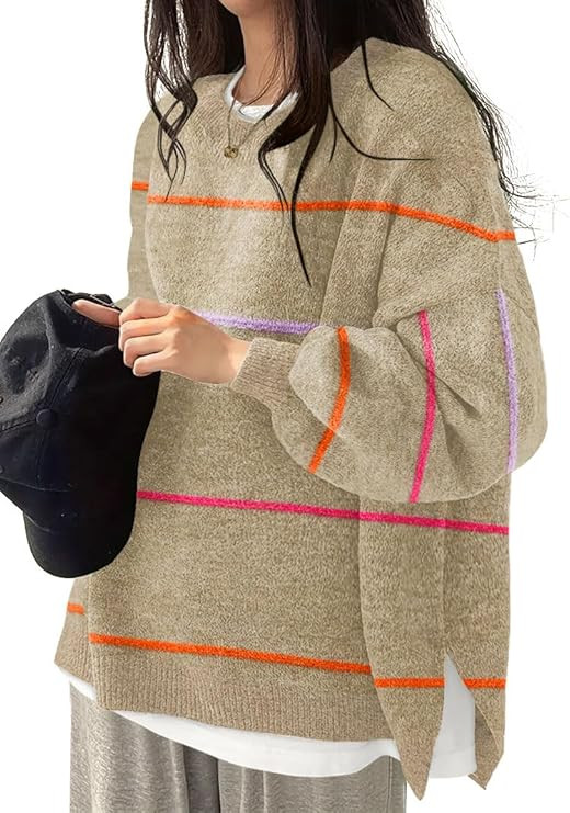 Women's Oversized Crewneck Sweaters Batwing Long Sleeve Side Slit Ribbed Knit Pullover Sweater To... | Amazon (US)