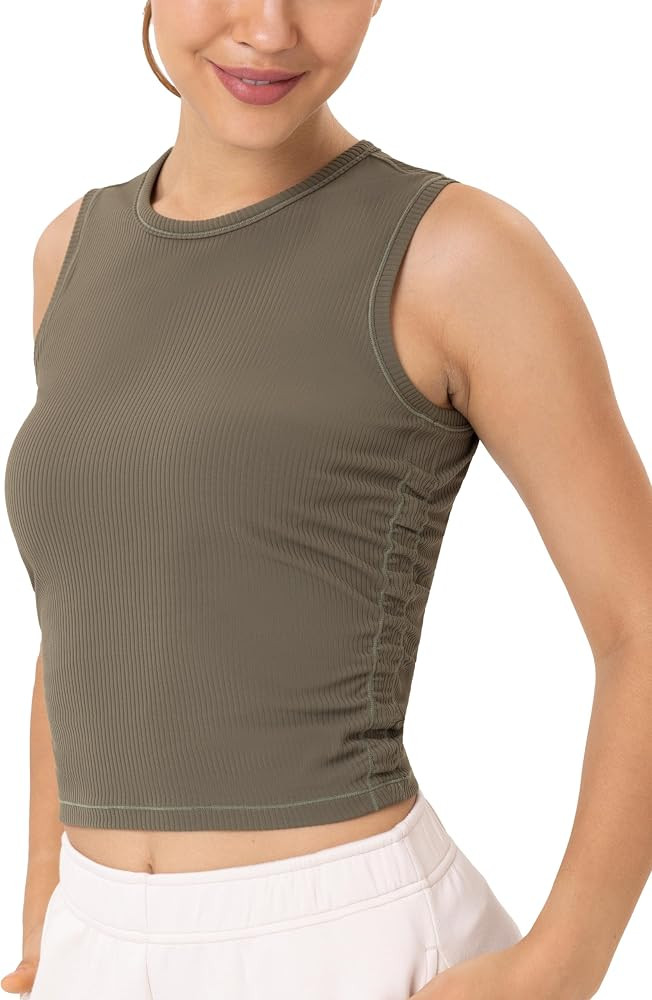 YUNOGA Workout Tank Tops for Women Athletic Sleeveless Ribbed Crop Tops Essentials High Neck Crew... | Amazon (US)