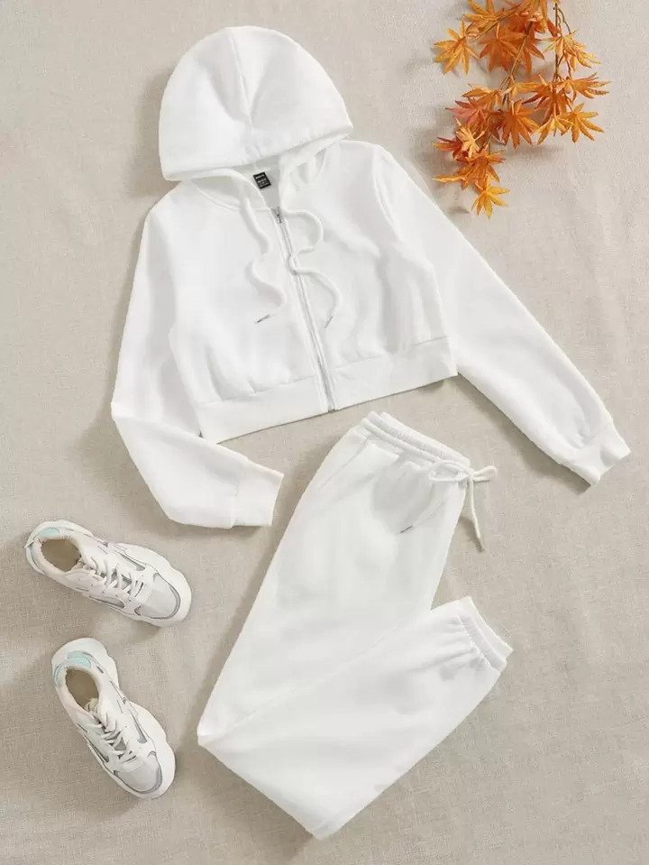 SHEIN EZwear Zip Up Drawstring Hoodie & Sweatpants | SHEIN