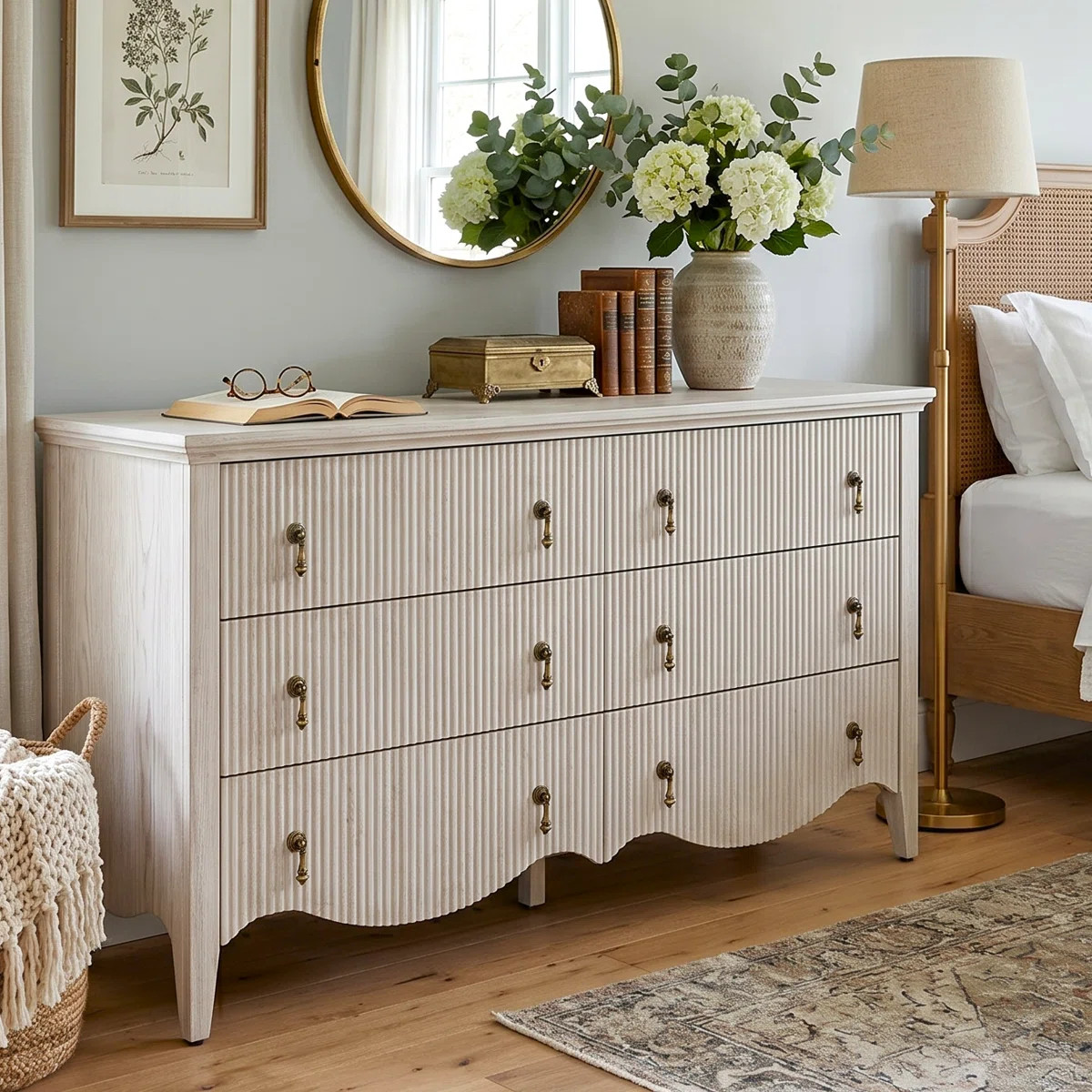 Avenall 6-drawer Double Dresser With Fluted Design, Vintage Wide Chest Of Drawers With Scalloped ... | Wayfair North America