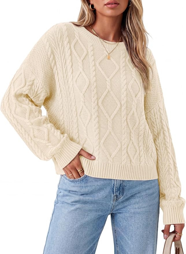 Arach&Cloz Women's Oversized Cropped Cable Knit Casual Sweater Tops | Amazon (US)