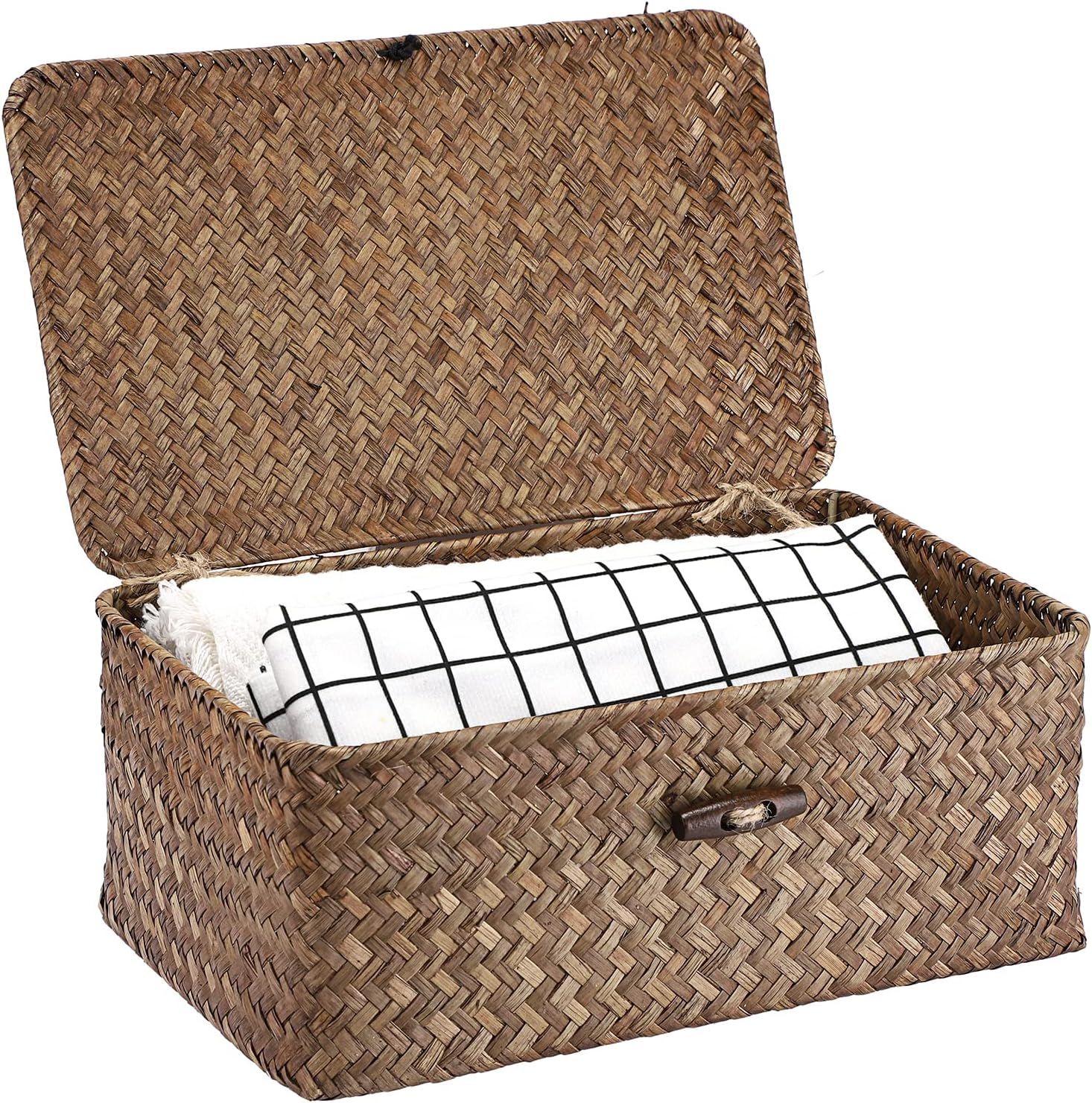 Hipiwe Wicker Shelf Baskets Bin with Lid, Handwoven Seagrass Basket Storage Bins Rectangular Hous... | Amazon (US)