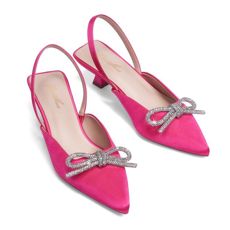 Zhabtuc Slingback Rhinestone Bow Heels for Women Closed Pointed Toe Kitten Pumps Slip On Stiletto... | Walmart (US)