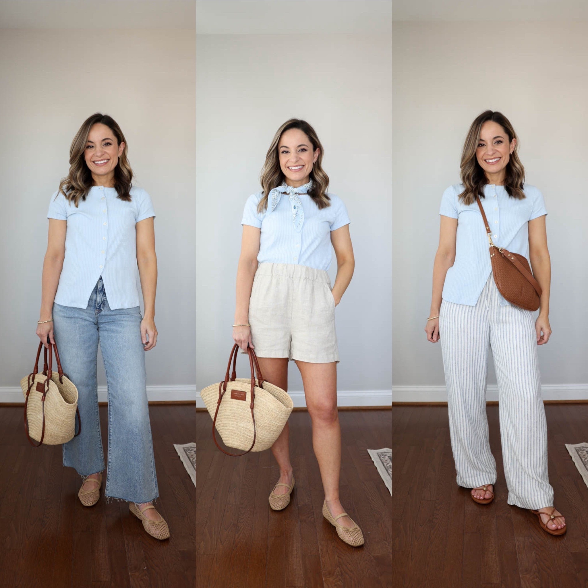 One under $20 top worn three ways! This top looks great untucked but is also slim enough to tuck in. 

Top: petite xs 
Jeans: 24 classic (26.5” inseam | 24.5” inseam in petite)
Linen shorts: xxs/00 
Linen pants: xxs short 
Shoes are true to size 

#LTKPetite