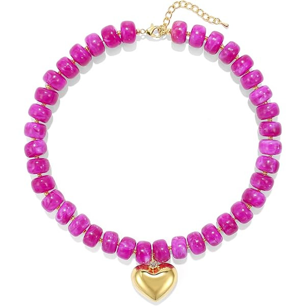WOWORAMA Chunky Heart Necklaces for Women Colorful Resin Beaded Choker Necklace Gold Puffy Heart ... | Amazon (US)
