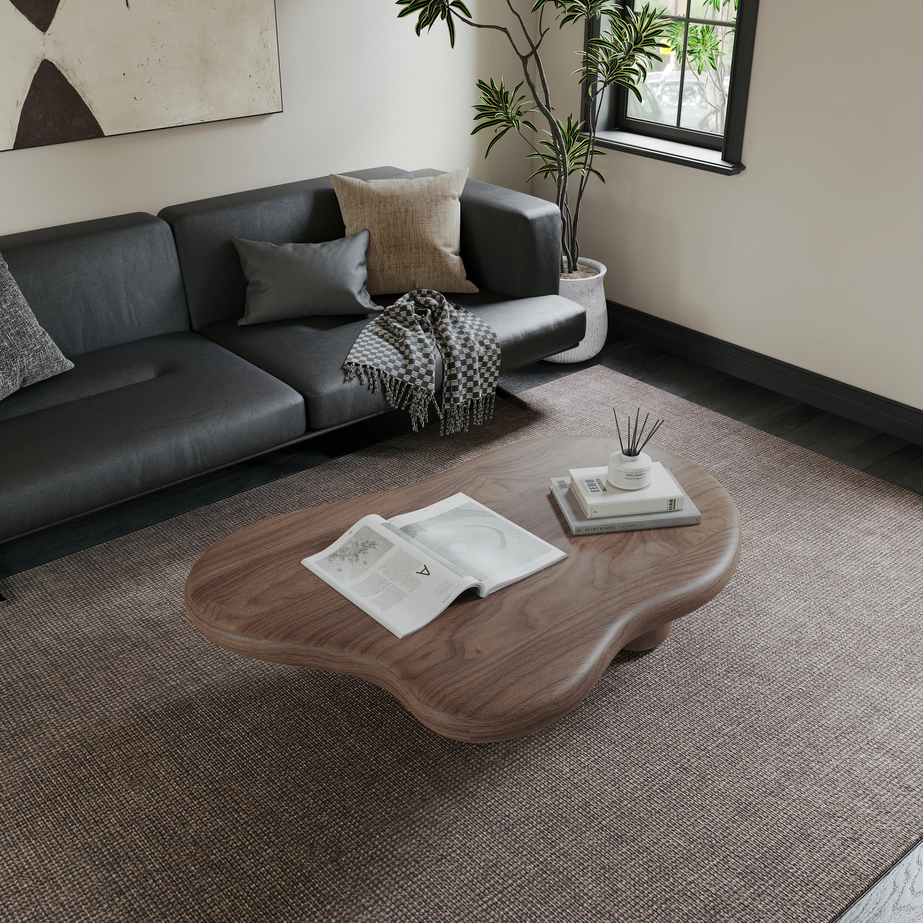 48.4" Cloud Shape Brown Coffee Table With 4 Legs, Vintage Walnut Veneer Finish Solid Wood Coffee ... | Wayfair North America