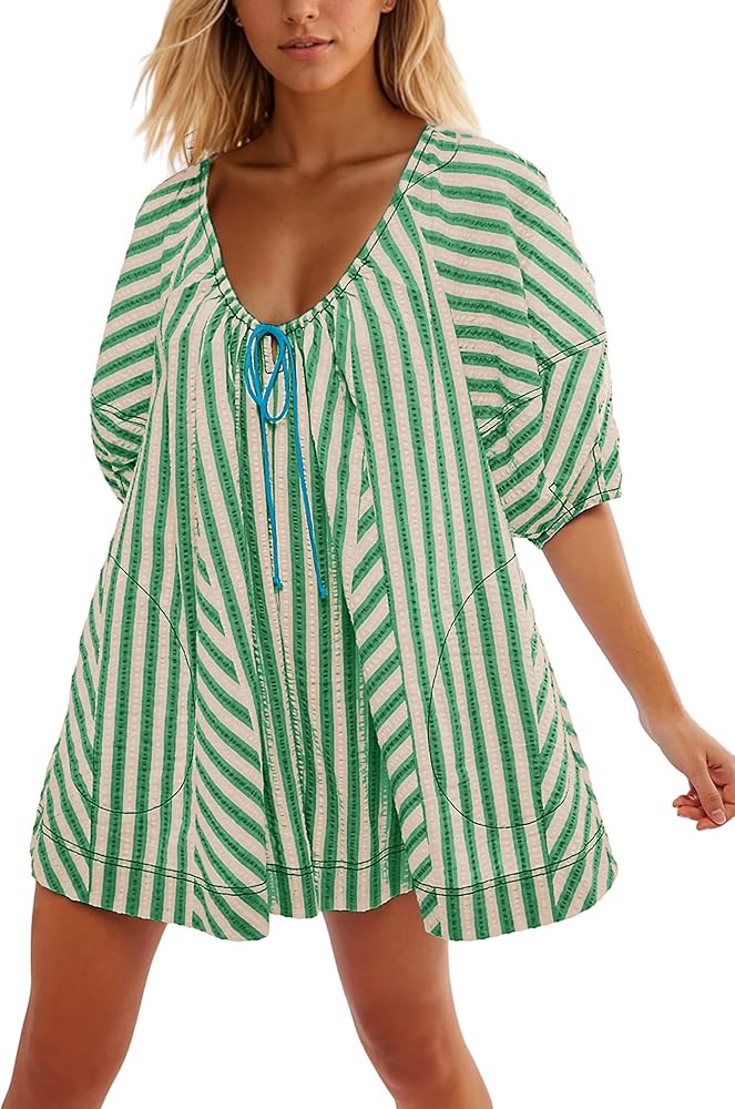 MISSACTIVER Summer Striped Mini Dress for Women Loose Puff Sleeve Drawstring Neck Swing Beach Sho... | Amazon (US)