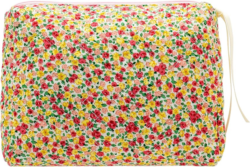 PAZIMIIK Cotton Makeup Bag for Women Large Quilted Travel Cosmetic Pouch Girls' Make Up Organizer... | Amazon (US)