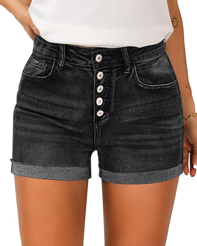 LookbookStore Women Summer High Waisted Sewn Cuffed Hem Buttons Denim Jean Shorts | Amazon (US)