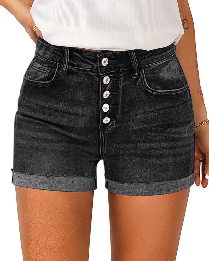 LookbookStore Women Summer High Waisted Sewn Cuffed Hem Buttons Denim Jean Shorts | Amazon (US)