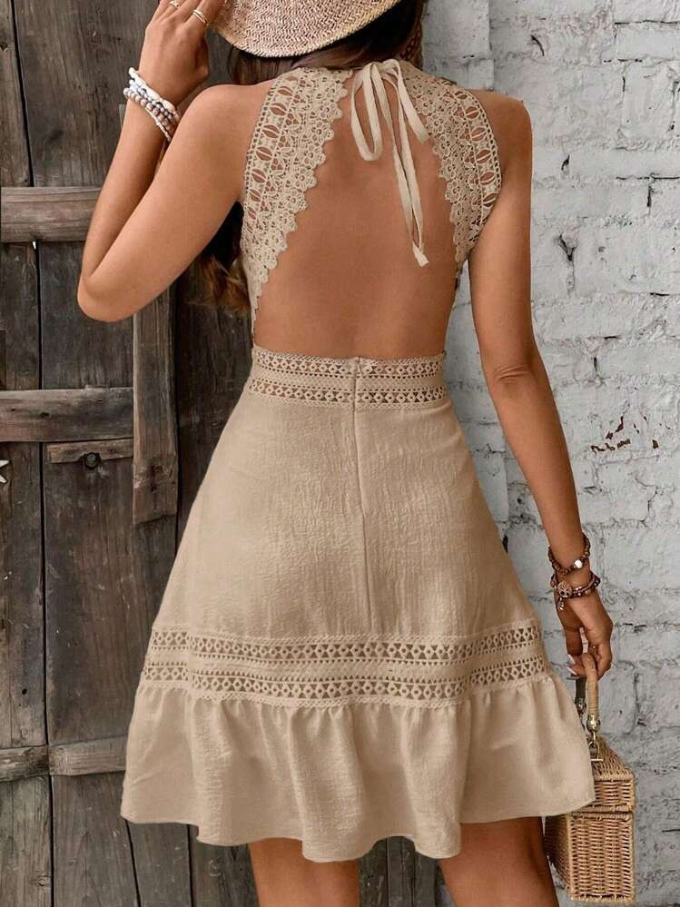 Breezaya Asymmetric Hem Backless Dress With Splicing Soluble Lace Detailing,Ladies Sexy Backless,... | SHEIN