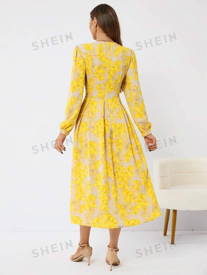 SHEIN Privé Vestido De Manga Larga Con Cuello En V Y Estampado Floral Para Mujer | SHEIN