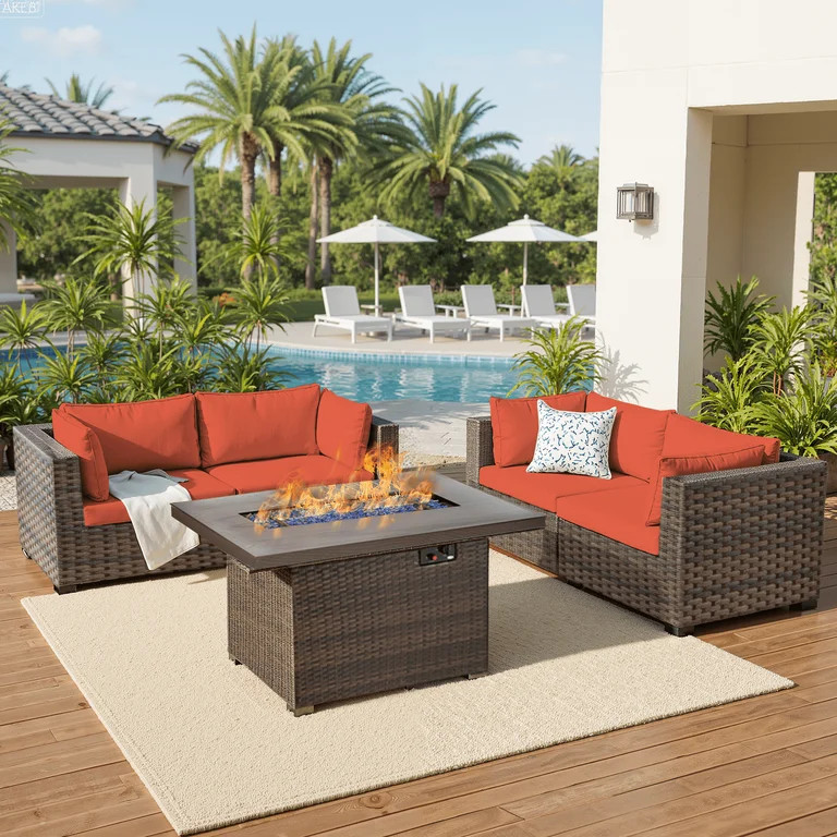 TANGJEAMER 5 Piece Patio Furniture Set with Fire Pit Table, All Weather Outdoor Sectional PE Ratt... | Walmart (US)